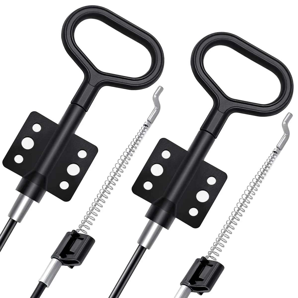 Two metal recliner release cables with D-ring handles and S-tips, five inch exposed length
