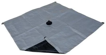 Square polyethylene leak diverter tarp, black and silver, with bungee cords and hooks for mounting