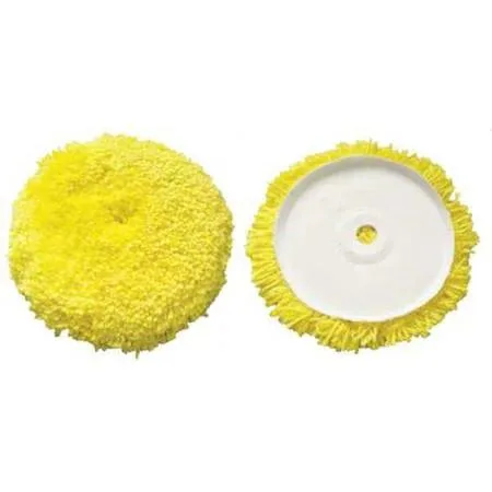 Yellow wool polishing pad with curved edge, 7-1/2 inch diameter, hook-and-loop backing