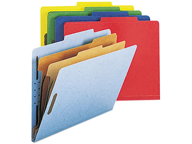 Box of ten pressboard classification folders in assorted colours, six-section letter size