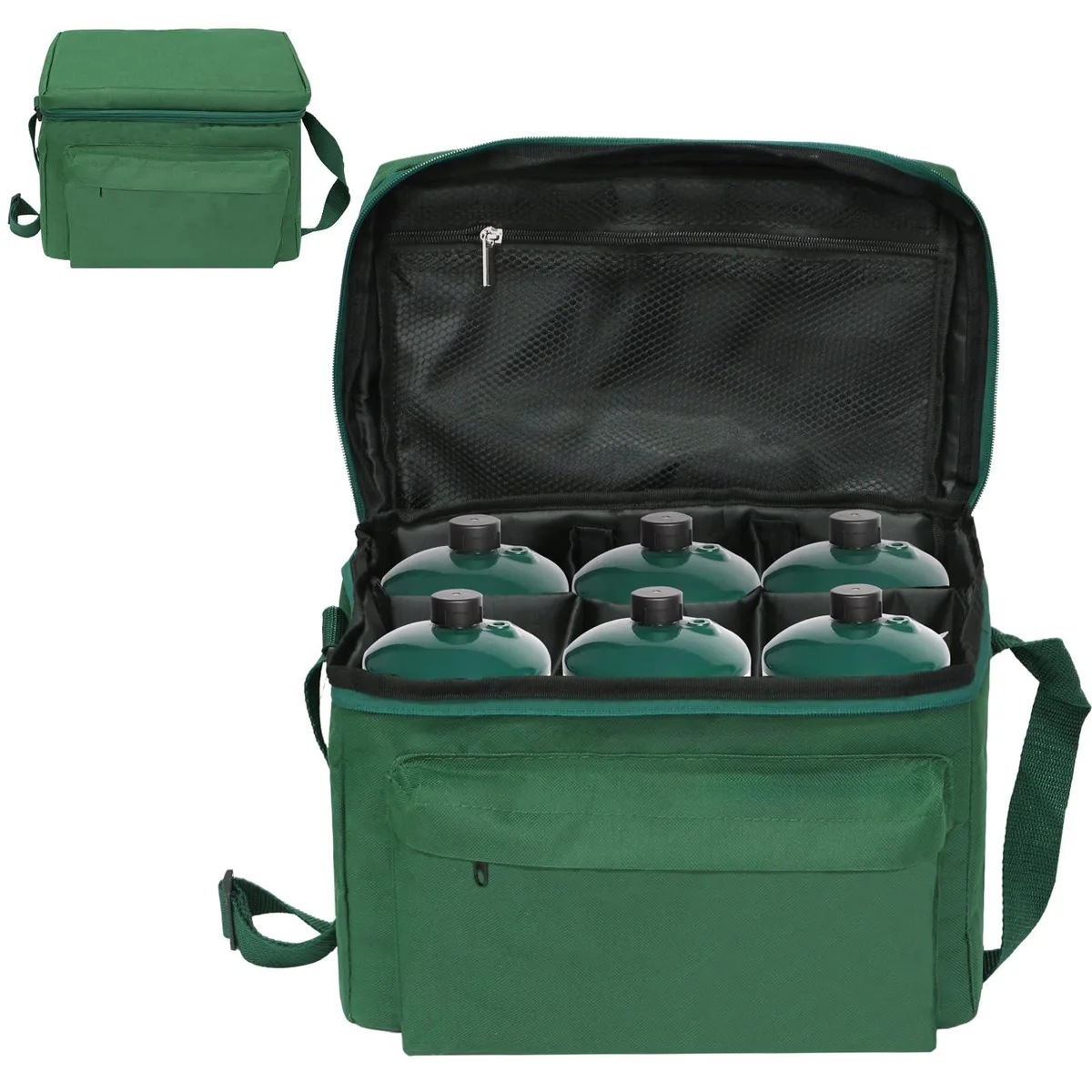 Green Oxford fabric bag with padded compartments and shoulder strap, holds six 16 oz propane tanks