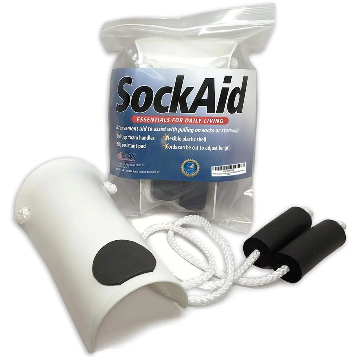 White flexible plastic shell with foam handles and long adjustable cords