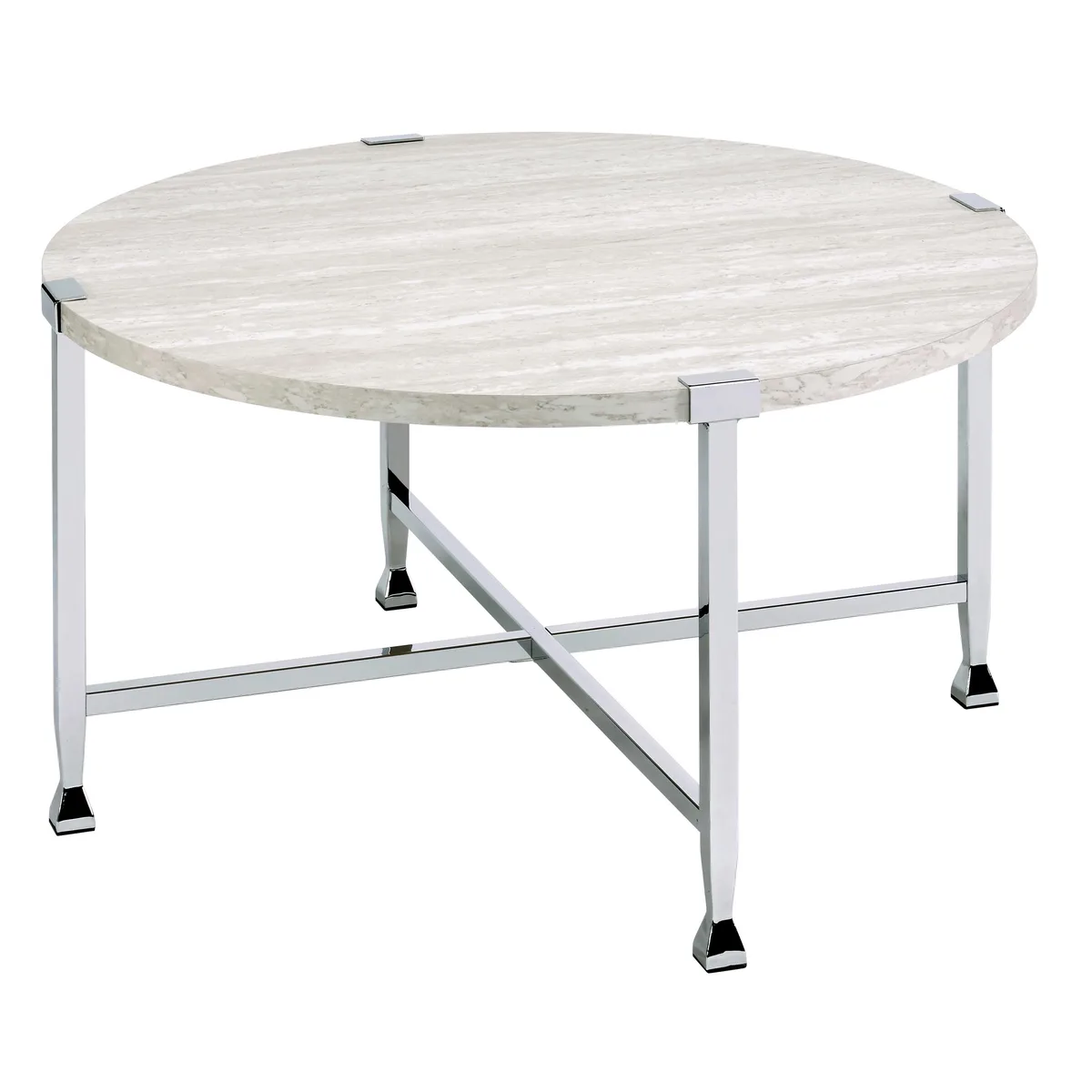 Round coffee table with white oak top and chrome legs
