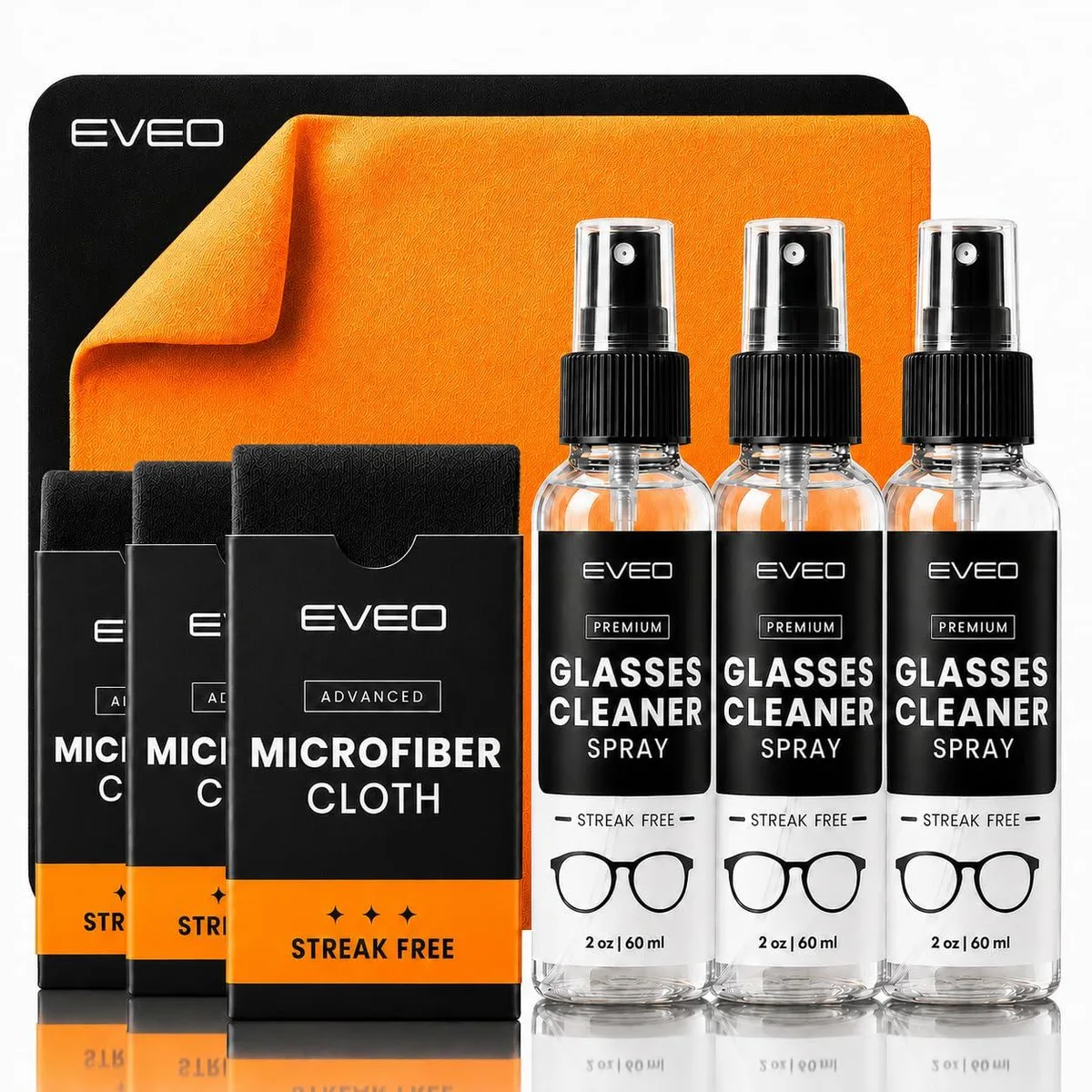  EVEO Glasses Cleaner Spray Kit 3x 2oz + 3 Cloths — product photo