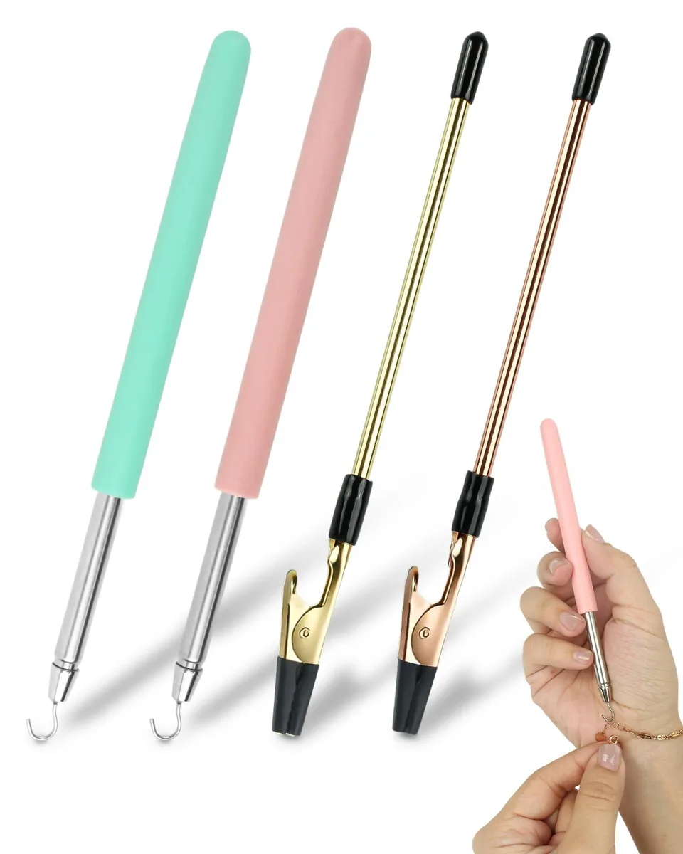 Four metal bracelet helper tools with retractable hooks and rubber clips