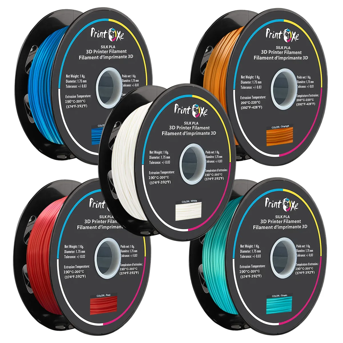 PrintOxe PrintOxe PLA like SILK Filament 5 Pack 1.75mm 1Kg each +/- .03 mm 3D printers accessory — product photo
