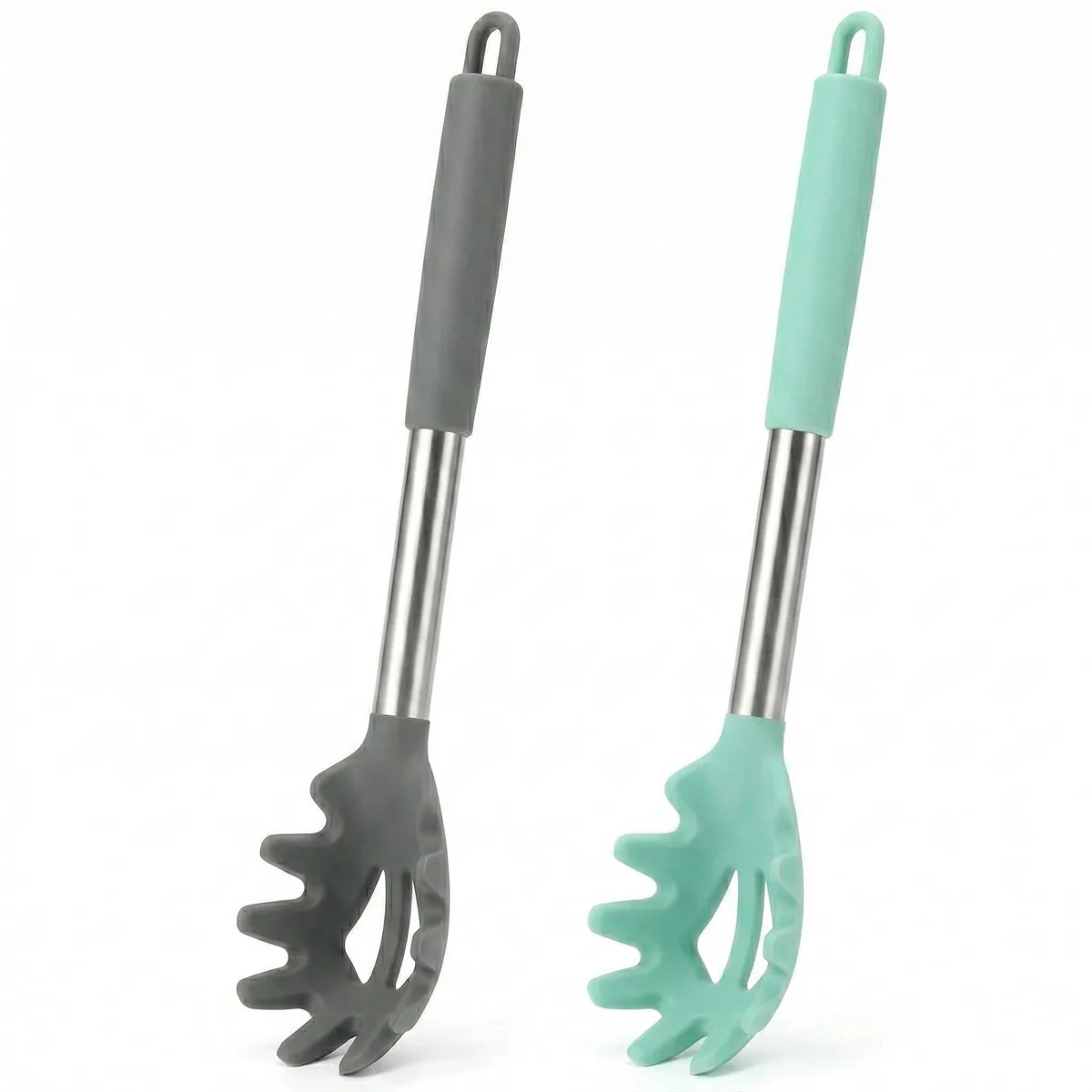 Two 13.2-inch pasta forks, grey and green silicone heads on polished stainless steel handles
