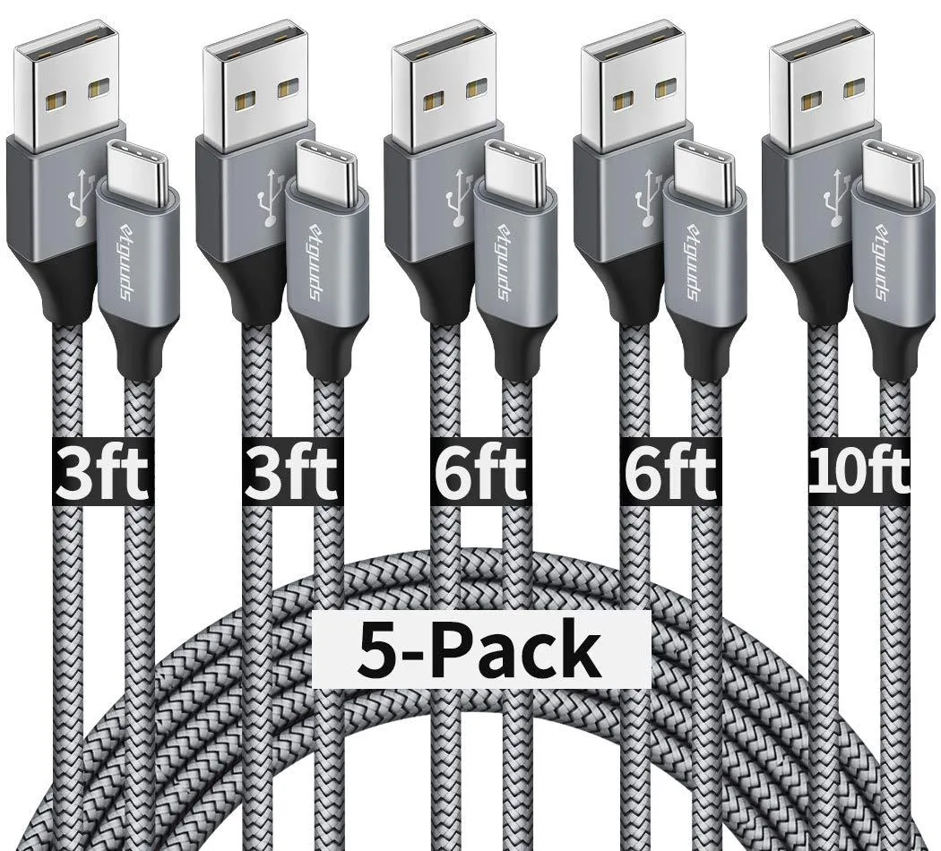 Five gray braided USB-A to USB-C cables in mixed lengths