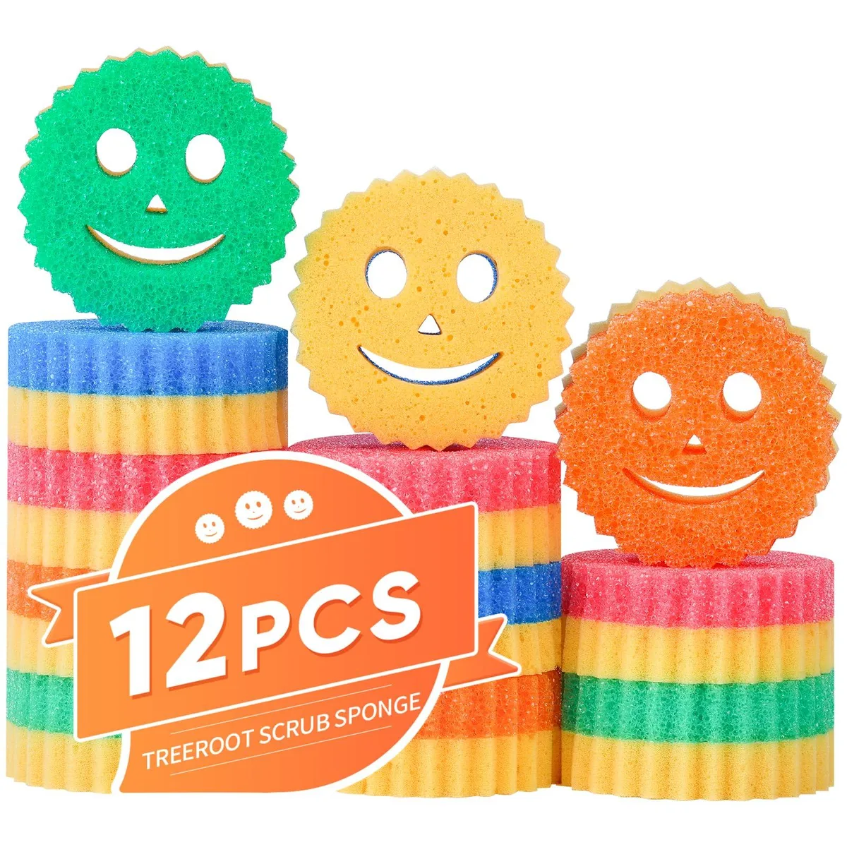 Twelve colourful double-sided scrub sponges in a vacuum-sealed pack