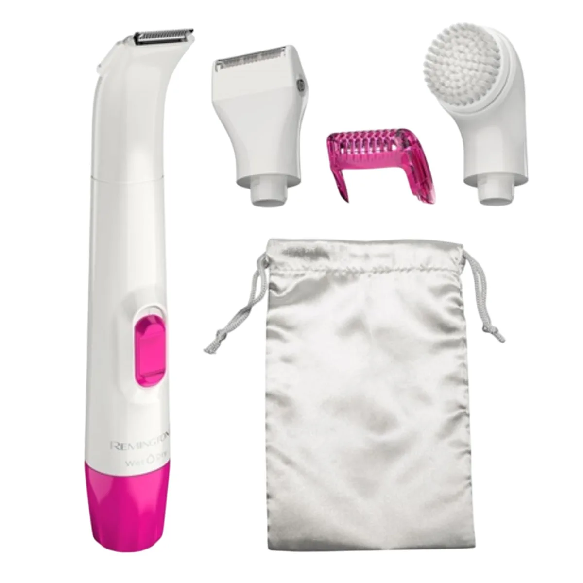 White and pink cordless foil shaver with four attachments for bikini trimming and exfoliation