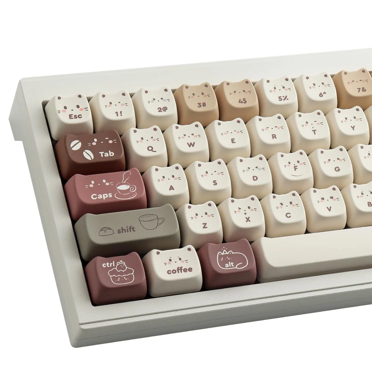 142 matte coffee PBT keycaps in MAO profile with cute cat legends