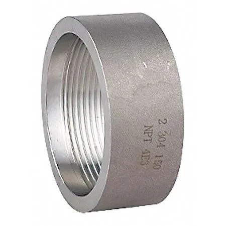 Cylindrical 304 stainless steel half coupling with female NPT threads on both ends, brushed metallic finish