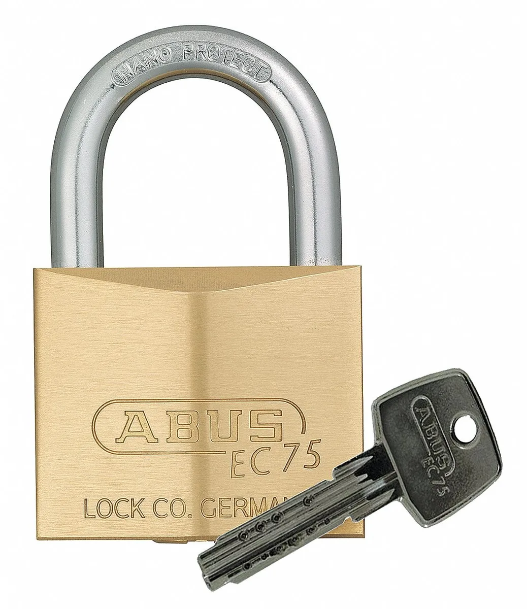 Square brass-body padlock with steel shackle, keyed alike