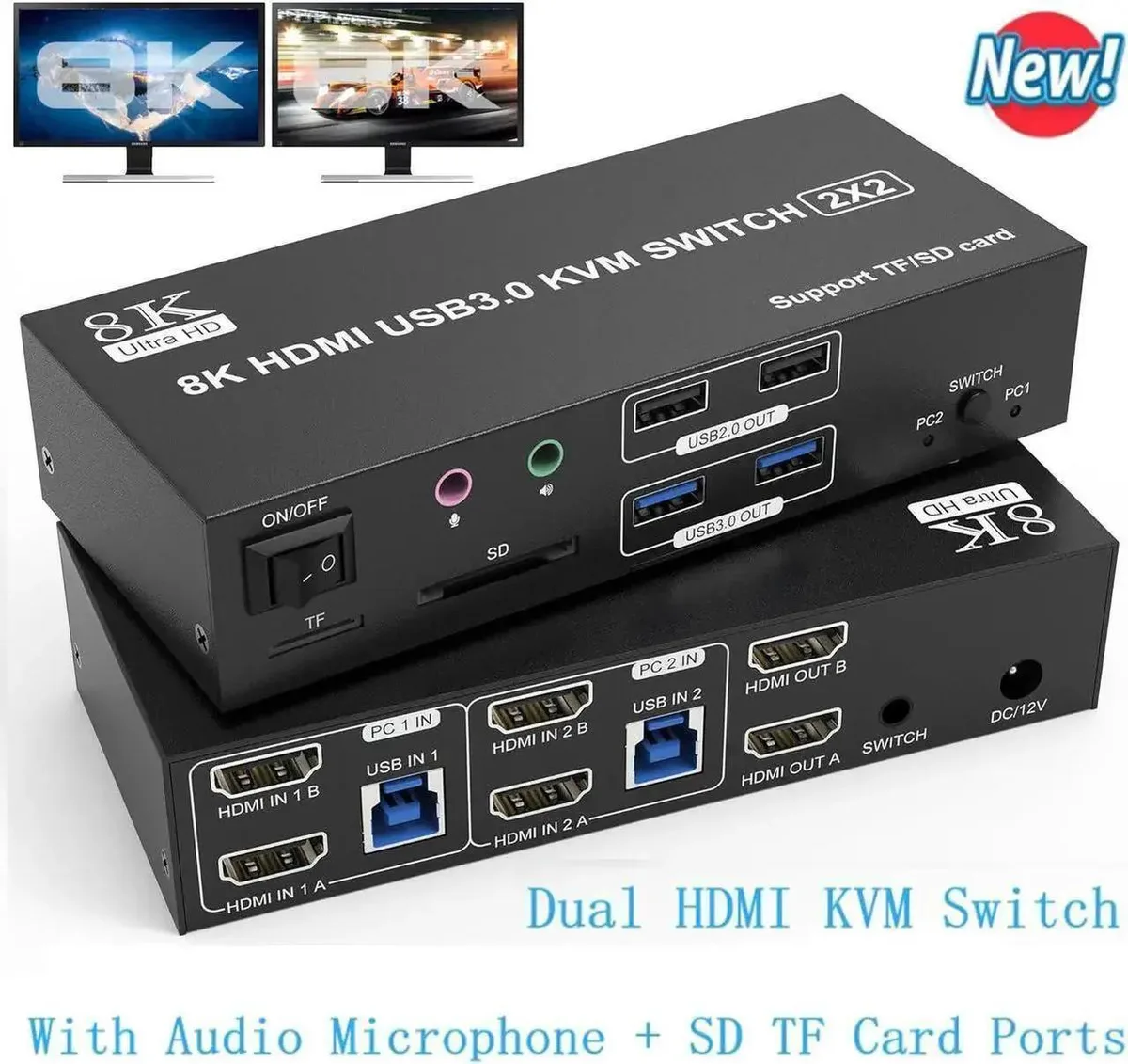 Vszerda Vszerda Dual Monitor HDMI KVM Switch 2 Computers 2 Monitors 8K@60Hz 4K@120Hz 4 USB 3.0 2.0 Audio SD TF — product photo