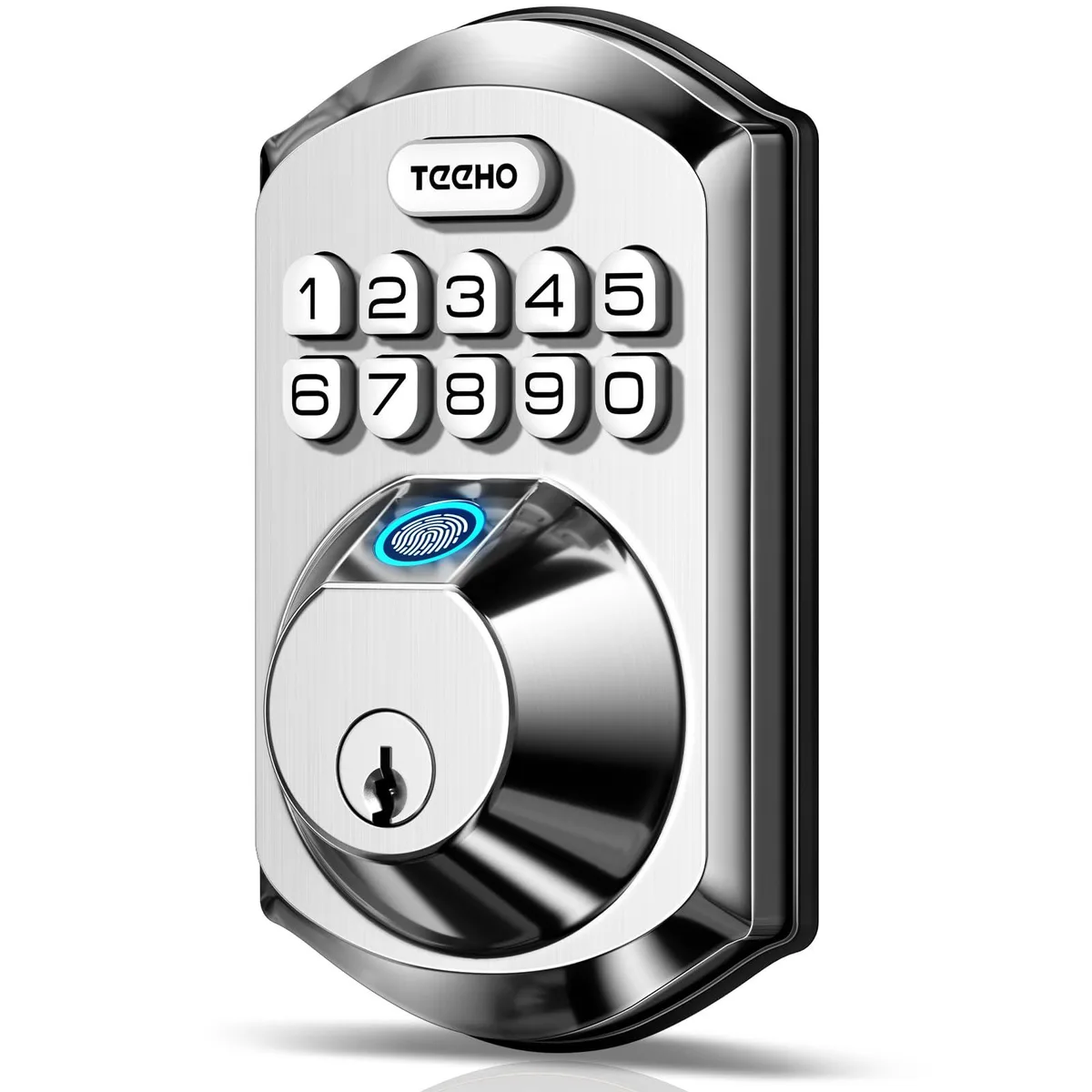 Satin nickel fingerprint deadbolt with keypad, rectangular 5.12 by 2.95 by 1.3 inches