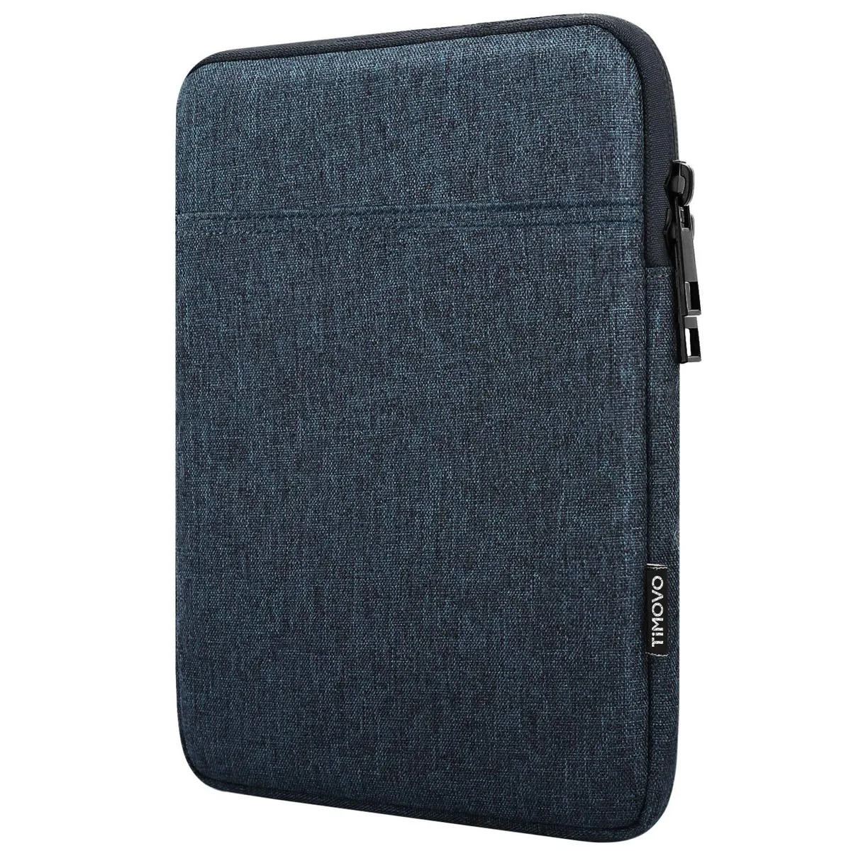 Black polyester tablet sleeve with front zip pocket, slim rectangular shape, soft fleece lining visible inside