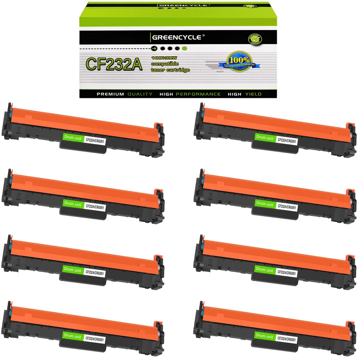 Eight black drum units in a rectangular box