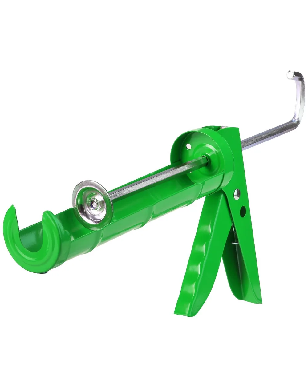 Green Bates Choice caulking gun with ergonomic handle and 10:1 thrust ratio