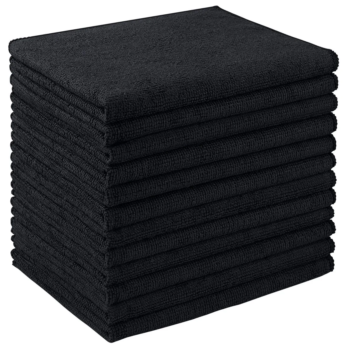 Stack of twelve blue microfibre cloths, 12 by 16 inches, folded flat