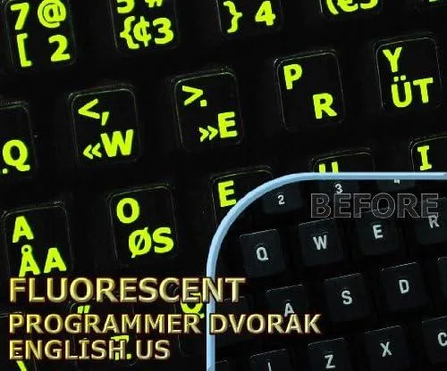 4Keyboard 4Keyboard Glowing Fluorescent Programmer Dvorak English Keyboard Stickers — product photo