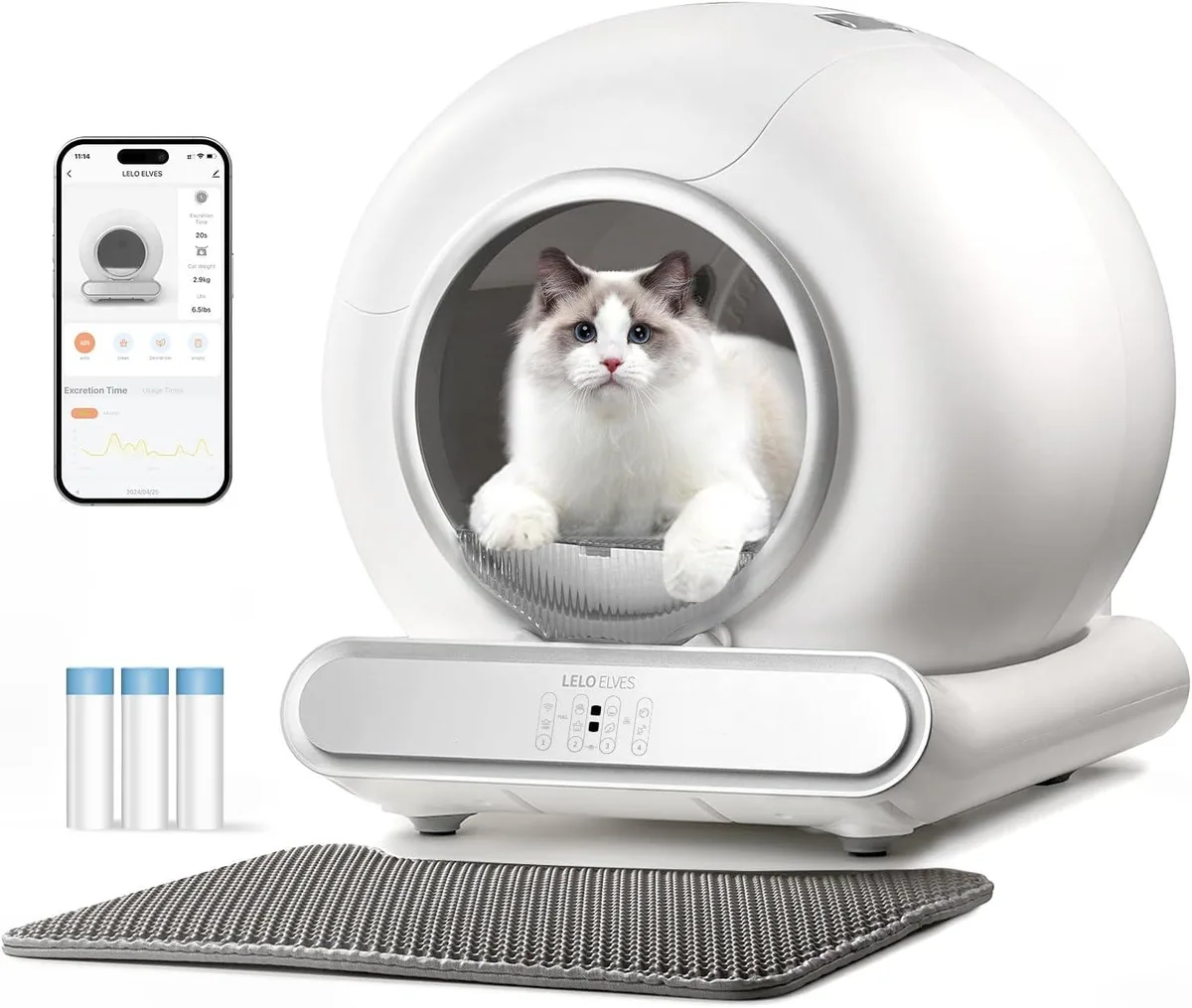 White rounded rectangular automatic litter box with low front entry, top waste drawer, and mat in foreground