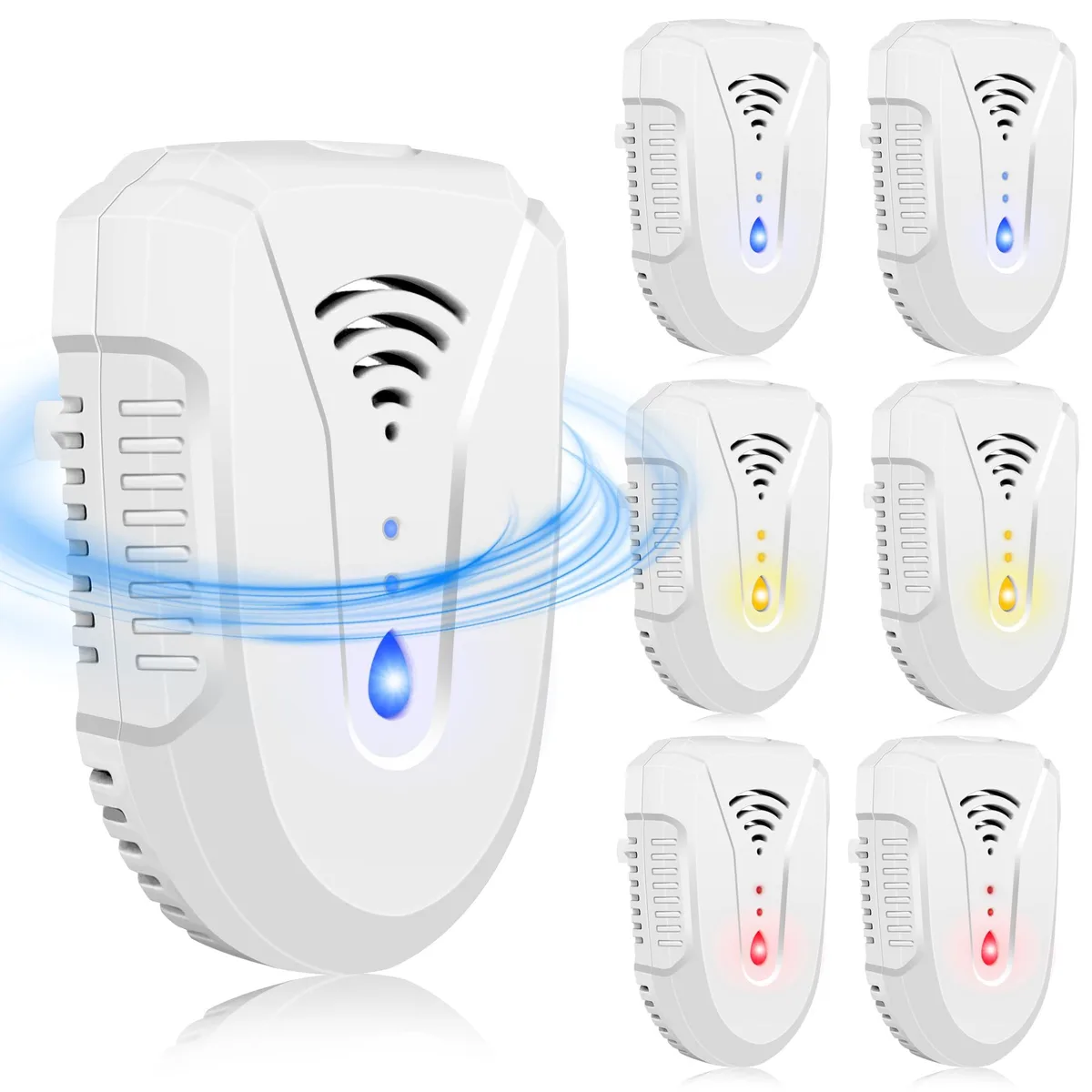 Six white rectangular plug-in units with indicator lights