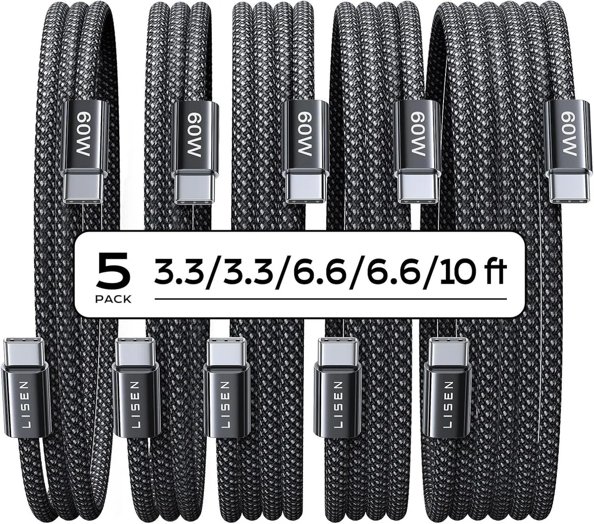 Elestur Elestur USB-C to USB-C Cable 5-Pack 3.3/3.3/6.6/6.6/10ft 60W — product photo