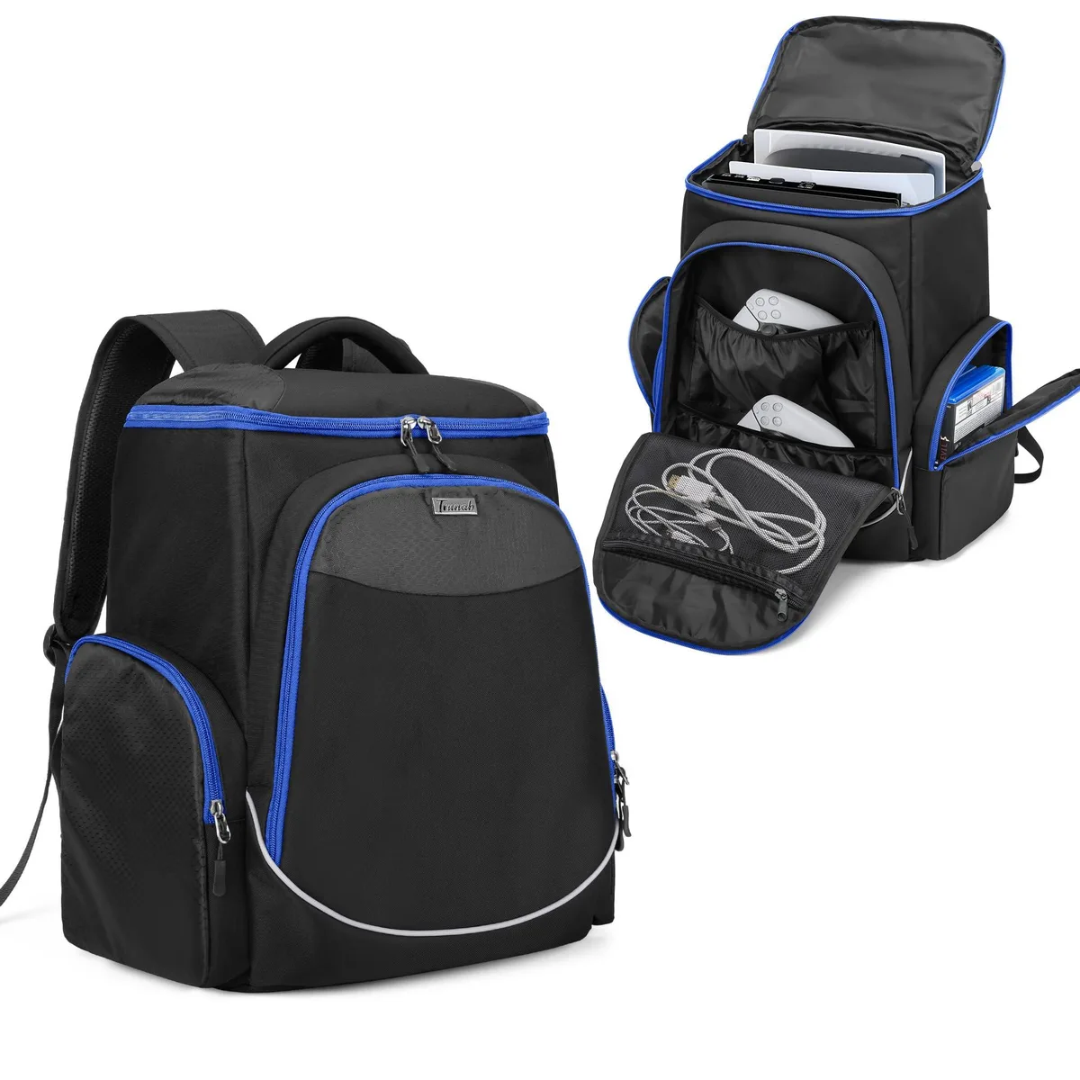 Blue rectangular nylon backpack with padded shoulder straps and side bottle pockets