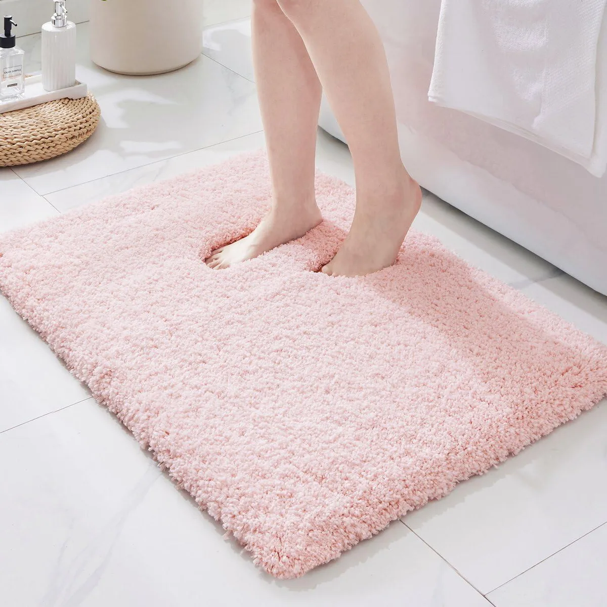 Rectangular beige bathroom rug, 17 by 24 inches, thick plush pile with waffle texture, rubberised non-slip backing