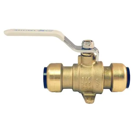 Brass push ball valve with flange and drain, quarter-turn lever, 3/4 inch connections