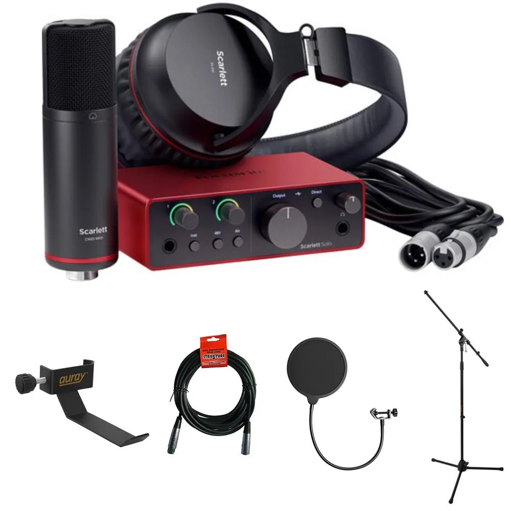 Red compact USB-C audio interface with multicolour gain halos, clamp-on headphone holder, tripod mic stand with boom arm