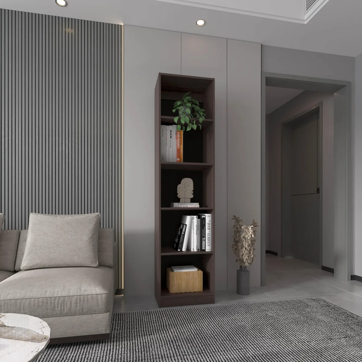 Tall narrow five-shelf bookcase in Kronos walnut finish