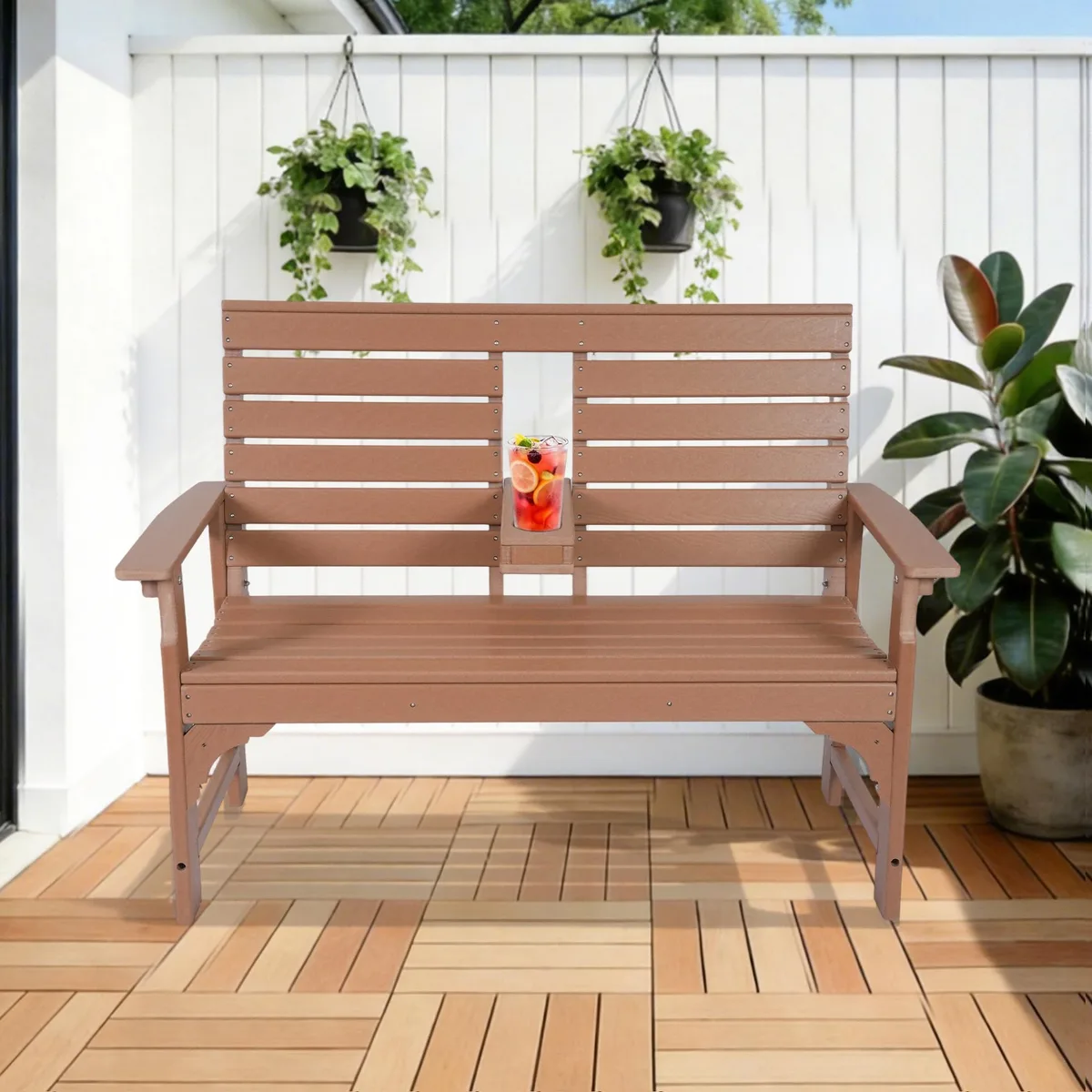 VANBOW VANBOW 2-Person HDPE Patio Bench with Foldable Cup Holders Brown — product photo
