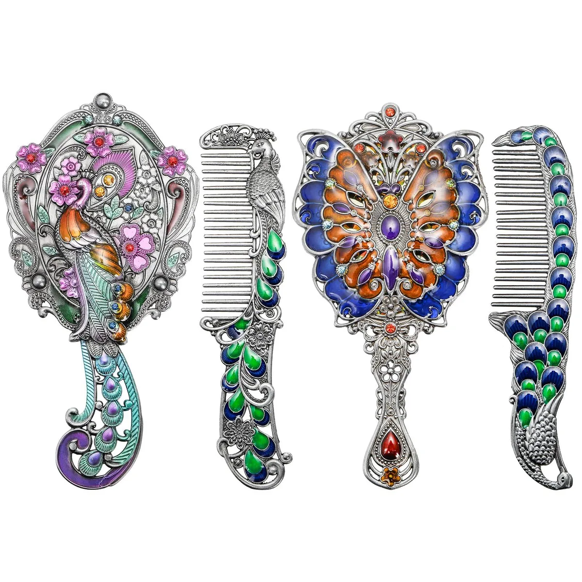 ZAVOOS Vintage Mirror Comb Set 4 Piece Peacock Butterfly Multi Color 5.5''L x 2.7''W — product photo