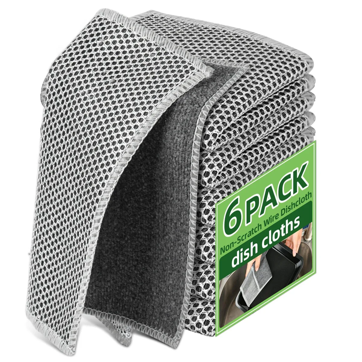 Six stainless-steel mesh scrubbers and white microfiber cloths, flat square sheets with woven wire texture
