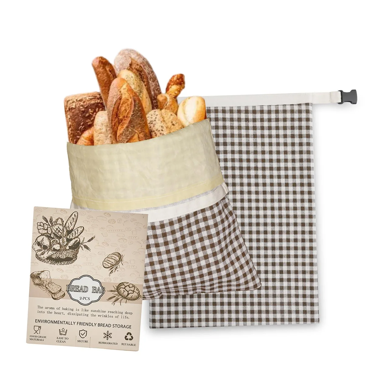 Two red extra-large beeswax-coated cotton linen bread bags with fold-top closures