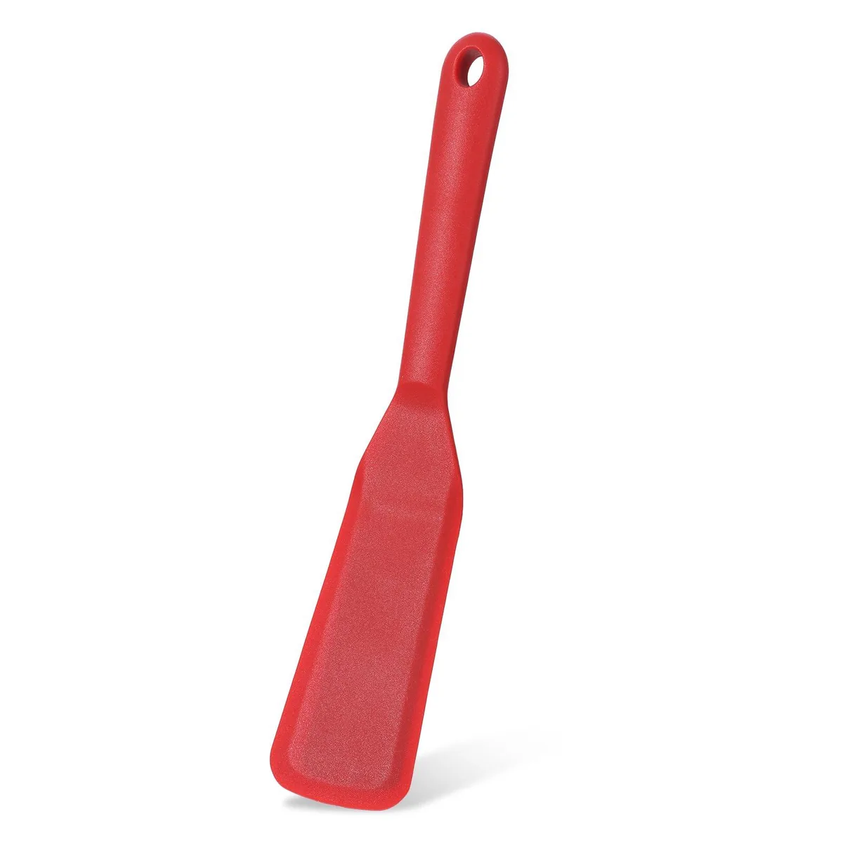 Red silicone spatula with stainless steel core, thin angled blade, checkered handle, hanging hole