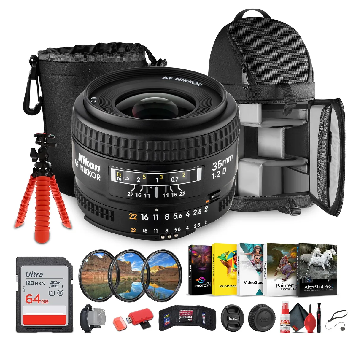 Nikon Inc Nikon AF NIKKOR 35mm f/2D camera lens bundle 64GB card 52mm filters — product photo