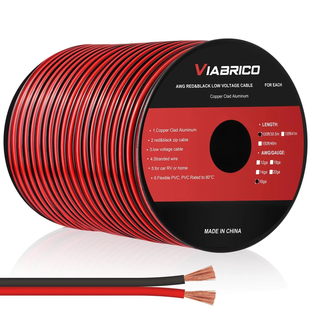 VIABRICO 16AWG 2 Conductor Speaker Wire 100FT Red Black — product photo