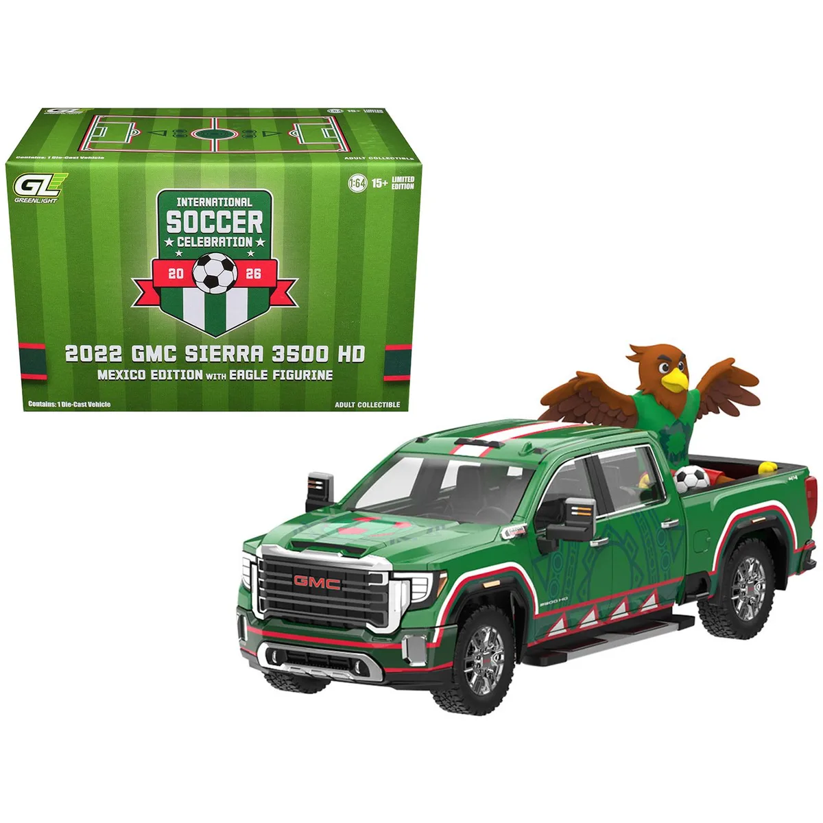 GREENLIGHT GREENLIGHT 2022 GMC Sierra 3500 HD Pickup Green Mexican Soccer Eagle 1/64 hobby collectible — product photo