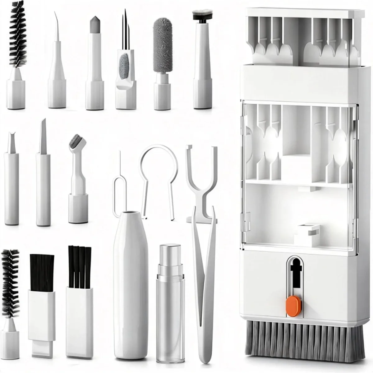Compact rectangular case holding 22 cleaning tools including brushes, pullers, spray bottle and cloth