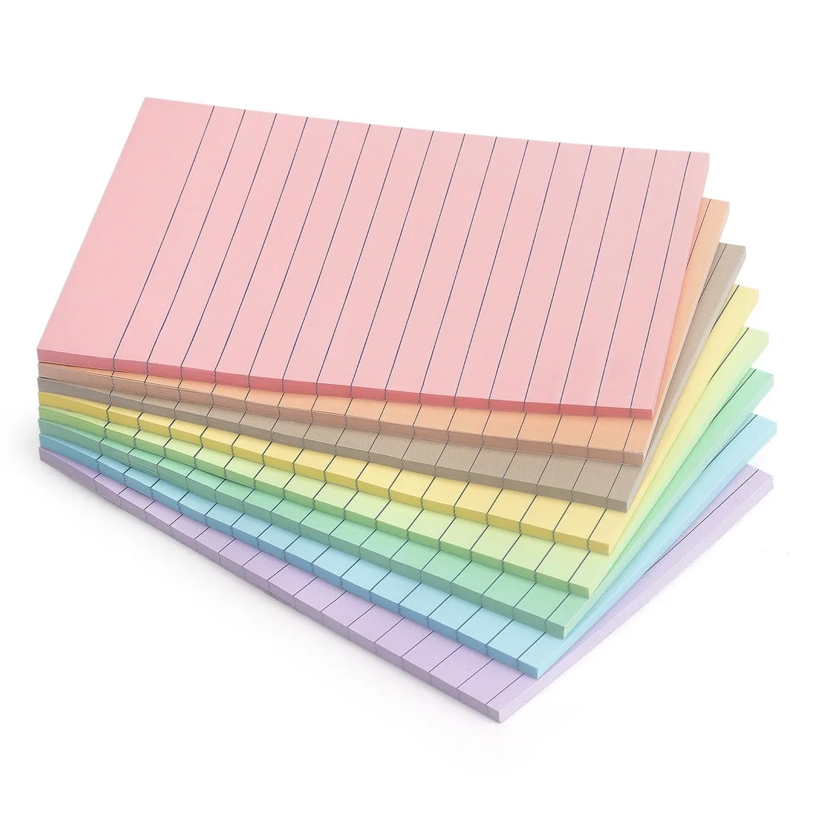 Eight new lined sticky-note pads in light colours, 4 by 6 inches, 30 sheets each