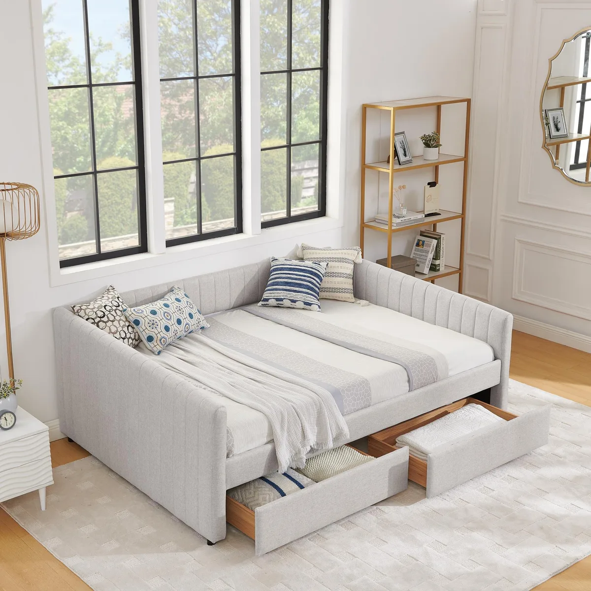 tuphen tuphen Queen Daybed with Two Drawers Trundle Linen Beige 86.5"x65"x30 — product photo