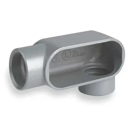 Gray powder-coated iron LL conduit outlet body with threaded 90-degree connection