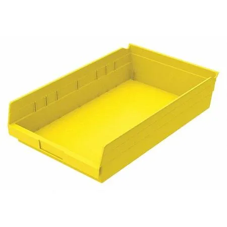 Yellow plastic shelf storage bin with molded label area