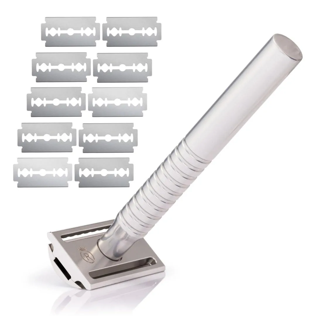 Silver aluminium safety razor with textured handle and metal tin