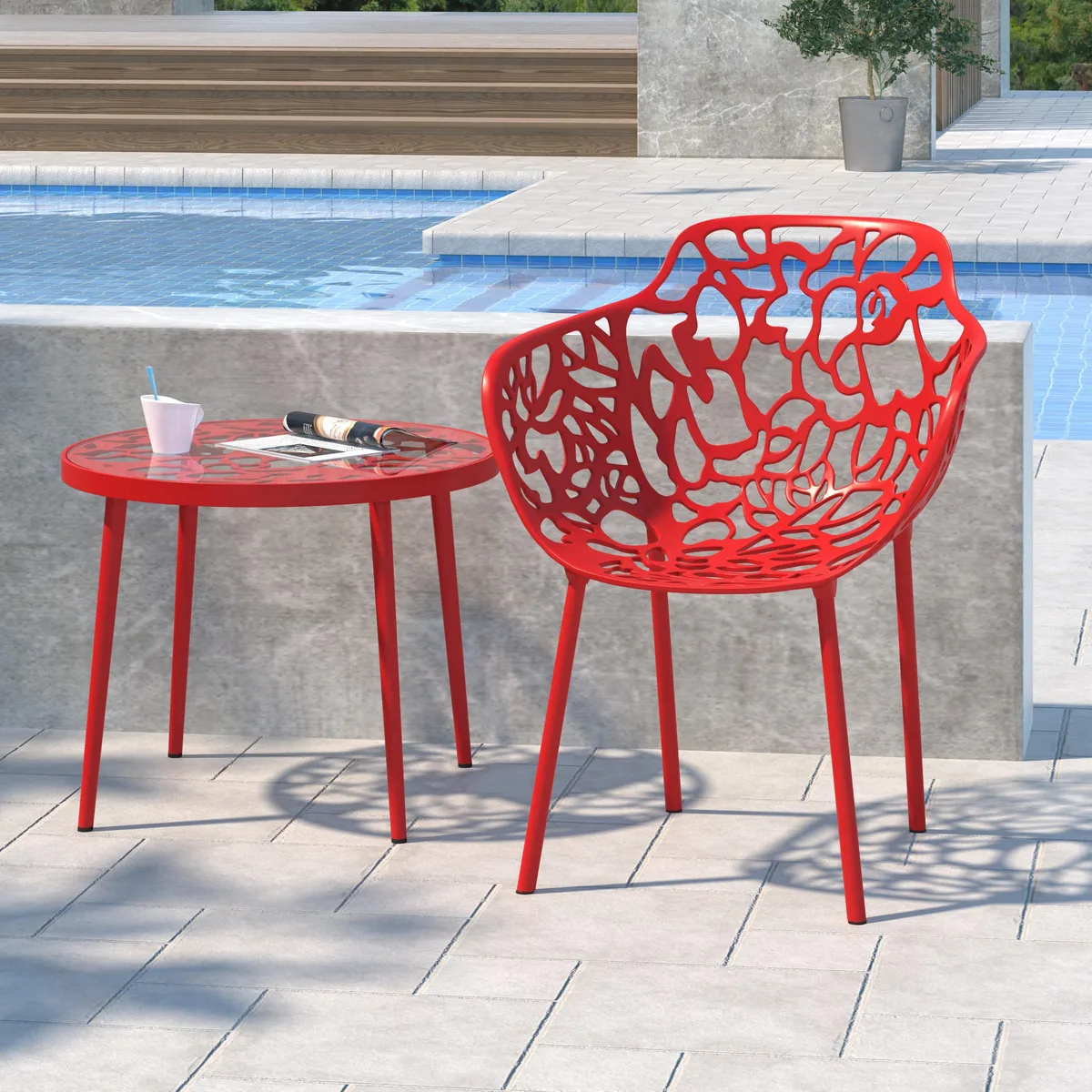 LeisureMod LeisureMod Devon Tree Design Glass Top Aluminum End Table Red — product photo