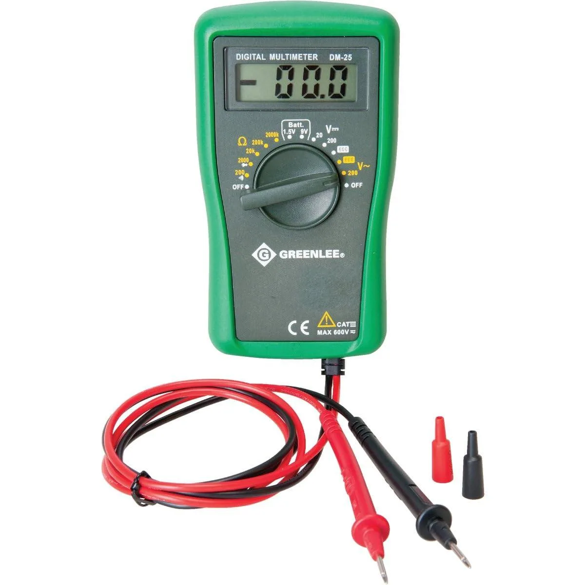 Greenlee DM-25 digital multimeter, yellow handheld unit with LCD screen and rotary selector
