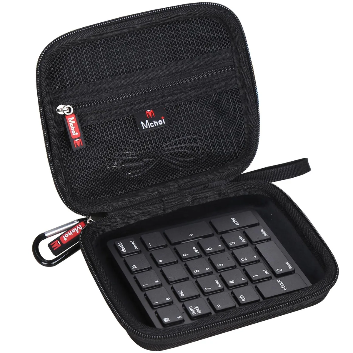Rectangular hard-shell case in dark finish with soft interior lining for 26-key numeric keypad