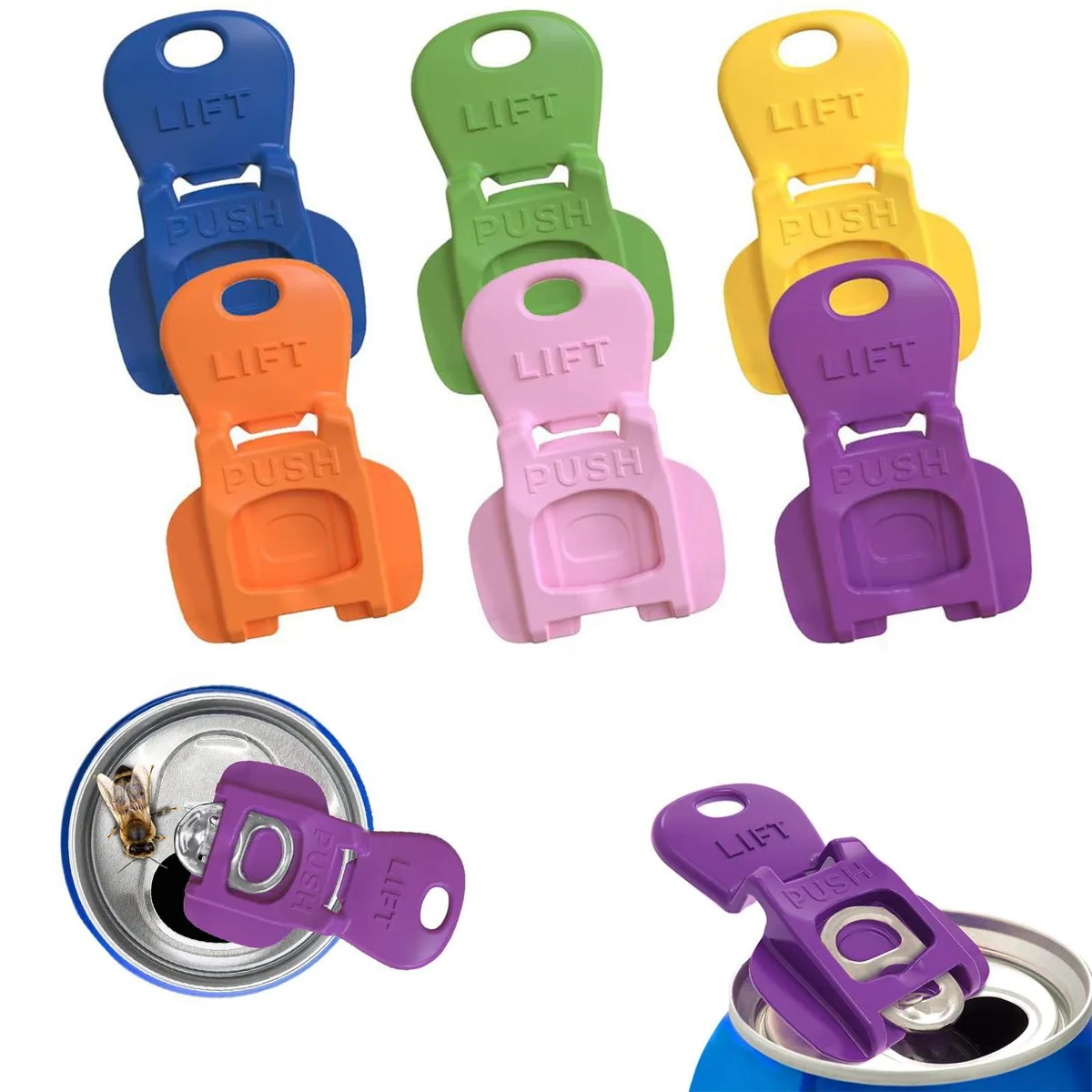 Six colourful plastic can openers with rotating leak-proof caps attached to keyring loops